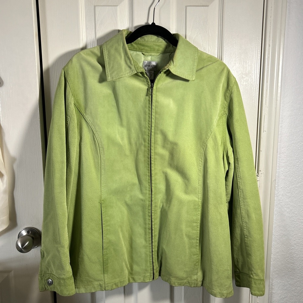 Chicos Leather Suede Green Jacket ZIp‎ Up Size 3 (XL)